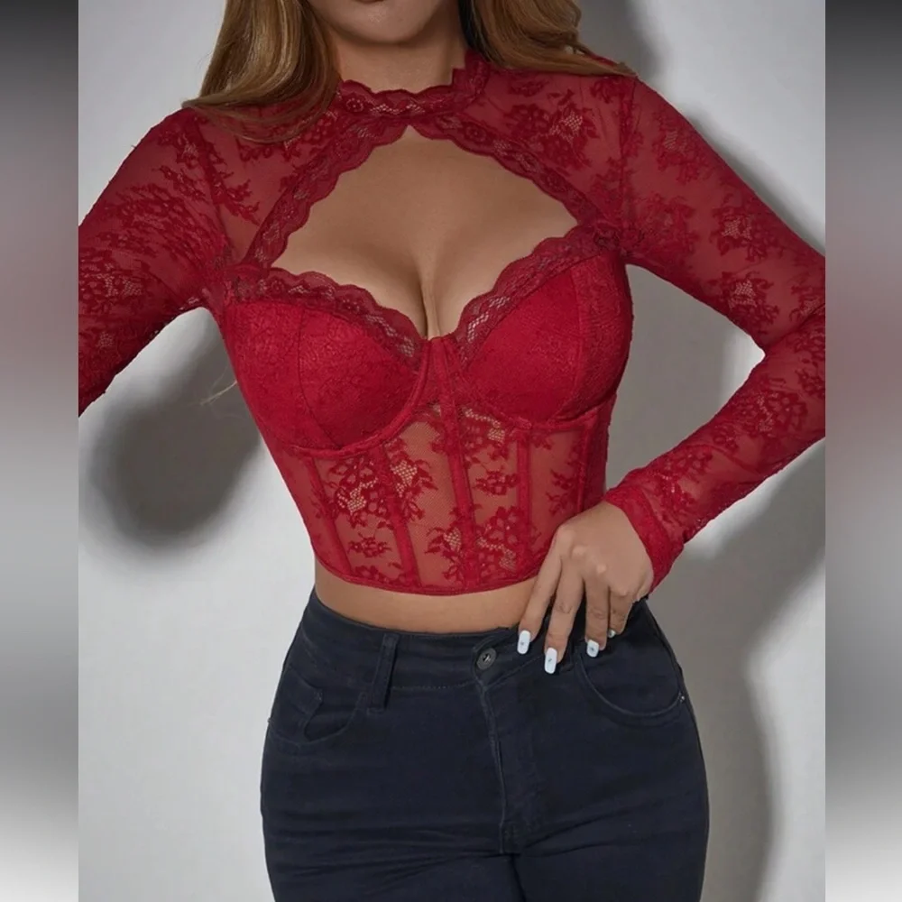 Elegant Red Lace Long Sleeve Top